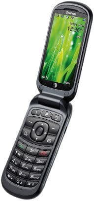 Pantech Breeze IV flip phone open, displaying green home screen with time and date, numeric keypad visible below