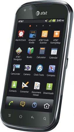 Pantech Burst front view, black touchscreen smartphone displaying home screen with app icons and AT&T branding at top