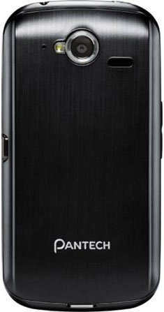 Pantech Burst smartphone, rear view, showing black brushed metal back with camera lens and Pantech branding