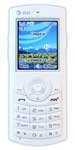 Pantech C150 phone, front view, displaying blue screen with white casing and numeric keypad