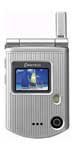 Pantech C3 flip phone, front view, with silver exterior and small screen displaying blue interface