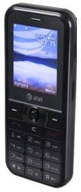 Pantech C630 front view, black candybar phone with small blue screen and numeric keypad