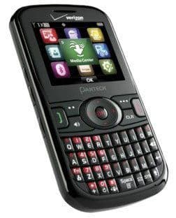 Pantech Caper phone, front view, showing color display screen with app icons and QWERTY keyboard below