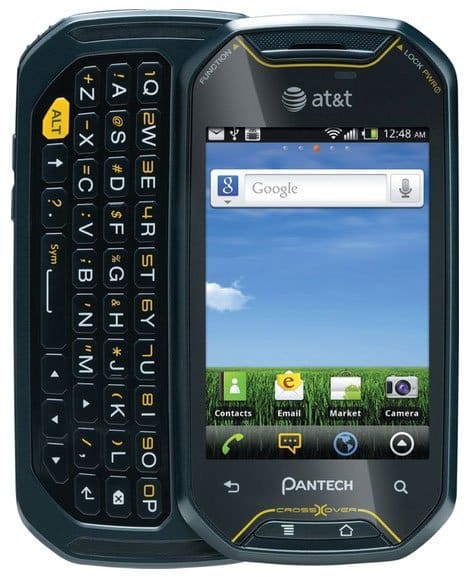 Pantech Crossover phone displayed open, showing sliding QWERTY keyboard on left and touchscreen displaying Google search and home screen on right