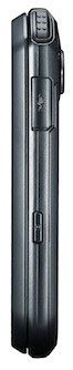 Pantech Crossover phone shown from the side, closed position, displaying its elongated rectangular shape with dark metallic finish