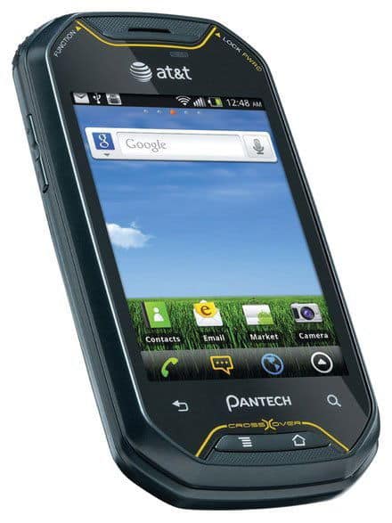 Pantech Crossover front view, dark smartphone with touchscreen displaying Google search and home apps, AT&T branding visible