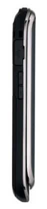 Pantech Crux phone, side view, showing black exterior with silver trim and flip design