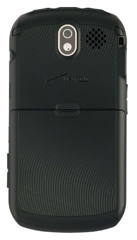 Pantech Crux rear view, black flip phone with textured back, oval camera lens, and speaker grille