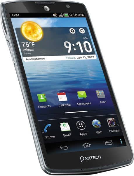 Pantech Discover front view, showing weather widget displaying 75°F in Atlanta, time 9:10 AM, home screen with app icons and navigation buttons