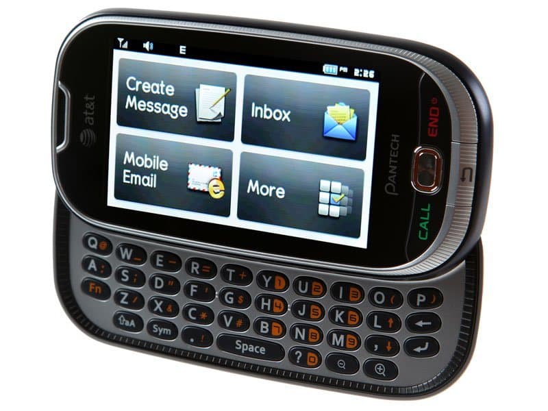 Pantech Ease front view with screen displaying messaging menu options and slide-out QWERTY keyboard below