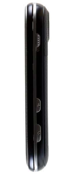 Pantech Ease mobile phone, side view, showing closed flip design with dark textured surface and silver trim