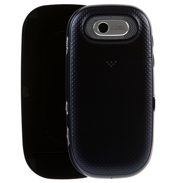 Pantech Ease front view, black candybar phone with textured back, camera lens visible at top