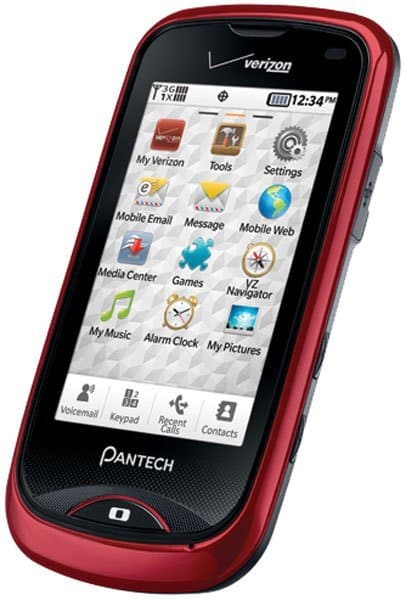 Pantech Hotshot front view, red and black flip phone with touchscreen displaying app icons and Verizon branding