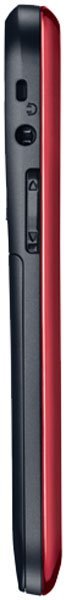 Pantech Hotshot phone, side view, showing black and red exterior with buttons and speaker