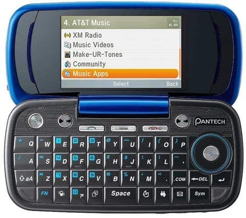 Pantech Impact front view with screen open showing AT&T Music menu and QWERTY keyboard visible below
