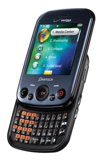 Pantech Jest front view, showing screen with menu options and full QWERTY keyboard with orange and black keys