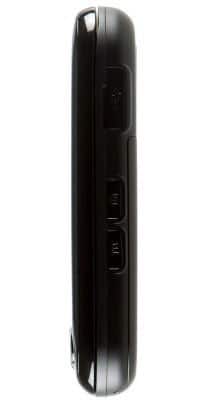 Pantech Jest mobile phone, side view, closed flip design with black exterior and button panel