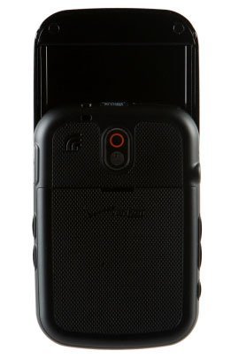 Pantech Jest phone, rear view, showing black textured back with camera and red accent button