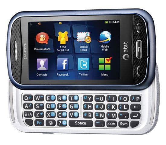Pantech Laser front view with touchscreen displaying app icons and slide-out QWERTY keyboard below
