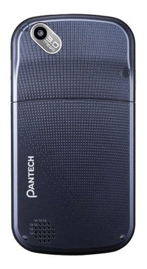 Pantech Laser rear view, dark blue phone with textured back panel and camera lens in top corner