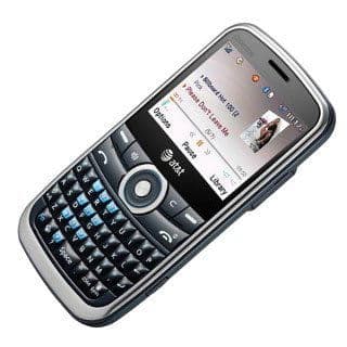 Pantech Link AT&T smartphone, black and silver, front angled view showing QWERTY keyboard and music player on small screen.