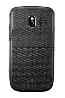 Rear view of black, textured Samsung phone with single camera, flash, speaker grille; Pantech Link-like design.