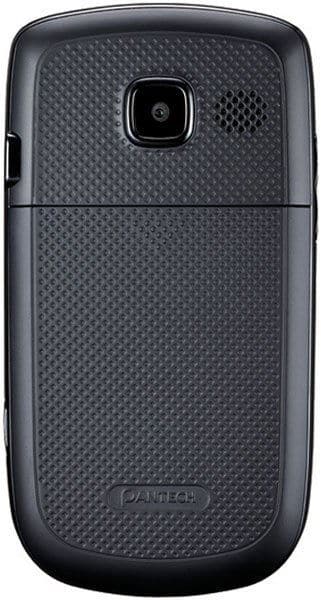 Pantech Link II rear view, dark gray flip phone with textured surface and camera lens