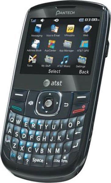 Pantech Link II front view, black phone with QWERTY keyboard, screen displaying app icons, AT&T branding