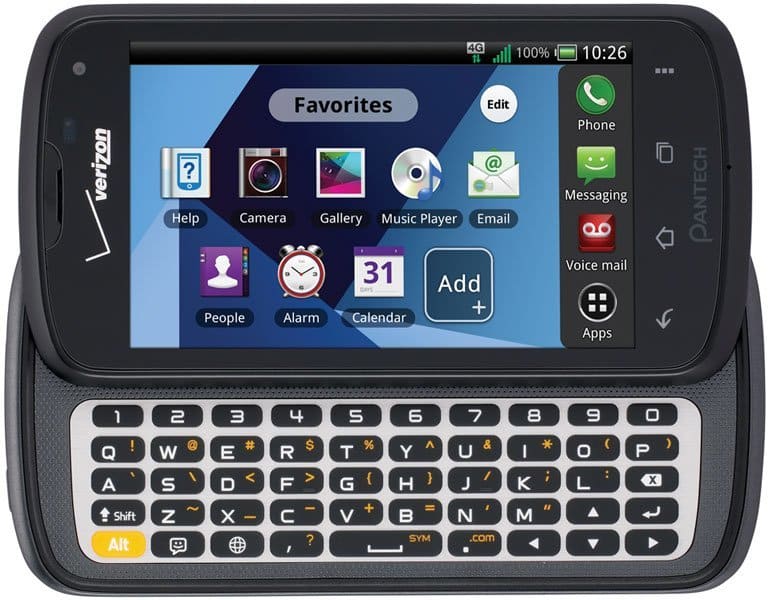 Pantech Marauder front view with screen displaying home screen icons and slide-out QWERTY keyboard visible below
