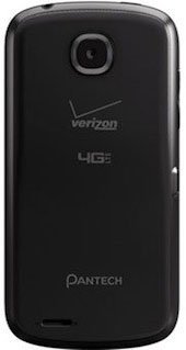 Pantech Marauder, rear view, black phone with Verizon and 4G LTE branding visible
