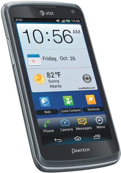Pantech Flex front view displaying home screen with time 10:56, Friday Oct 26, weather 82°F sunny in Atlanta, and app shortcuts