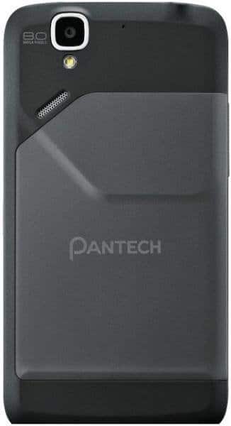 Pantech Flex front view, showing dark gray body with camera at top and Pantech branding on screen