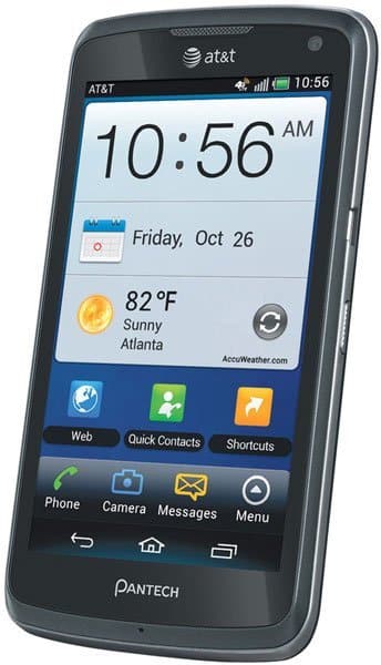 Pantech Flex front view displaying home screen with time 10:56 AM, weather showing 82°F and sunny in Atlanta, and app shortcuts