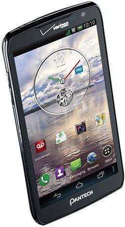 Pantech Perception front view, black smartphone displaying home screen with clock widget and app icons
