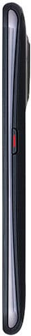 Pantech Perception phone, side view, showing narrow black device with curved edges and red accent button