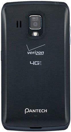 Pantech Perception rear view, black smartphone with camera, Verizon and 4G LTE branding visible