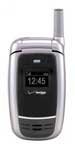 Pantech PN-300 flip phone, front view, with silver exterior and black screen display