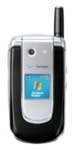 Pantech PN-820 flip phone, open position, showing blue screen on inner display and silver and black exterior casing with antenna