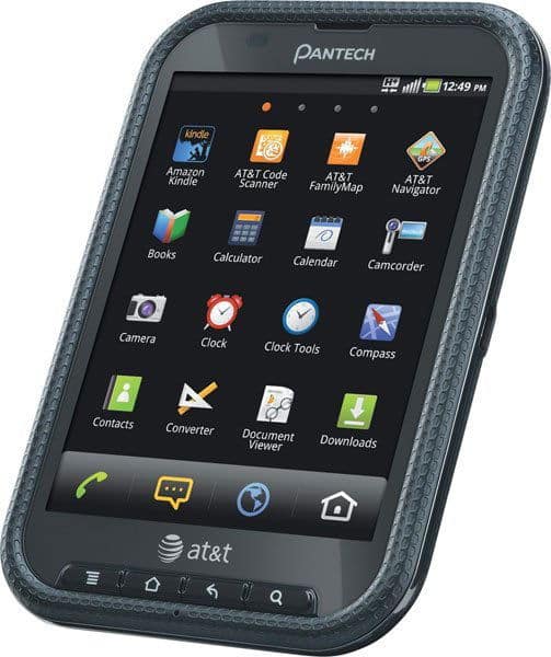 Pantech Pocket smartphone, front view, displaying home screen with app icons including AT&T Code Scanner, Calculator, Camera, and Clock Tools on dark background