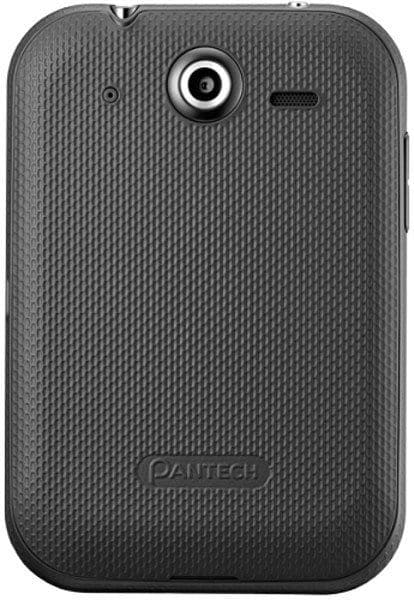 Pantech Pocket rear view, showing textured gray back with camera lens and Pantech branding