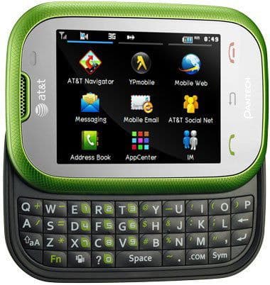 Pantech Pursuit front view, green and silver smartphone with slide-out QWERTY keyboard and home screen displaying apps