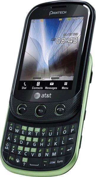 Pantech Pursuit II front view, green and black slider phone with QWERTY keyboard and touchscreen displaying time 08:43
