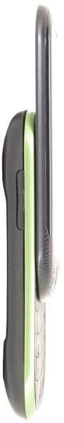 Pantech Pursuit II side view, closed, showing green accent stripe along black and silver clamshell exterior