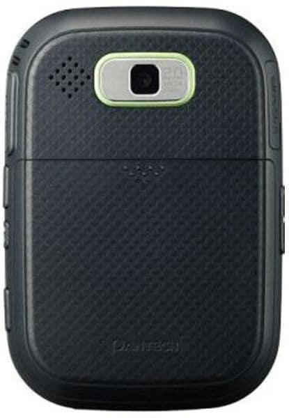Pantech Pursuit II front view, black phone with green-trimmed camera lens and textured back panel