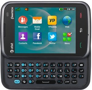 Front view of black AT&T Pantech Renue with slide-out QWERTY keyboard and colorful app icons shown on the screen.