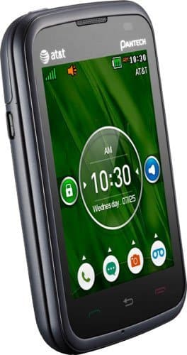 Front view of Pantech Renue showing home screen, app icons, 10:30 AM, 07/25 date, and AT&T branding.