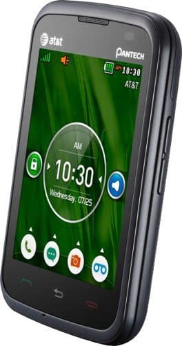 Front view of black Pantech Renue on AT&T, displaying home screen at 10:30 AM, green wallpaper, and multiple app icons.