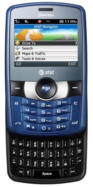Pantech Reveal front view, blue and black phone with screen showing AT&T Navigator menu and QWERTY keyboard below