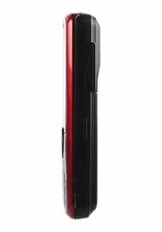 Pantech Reveal, side view, showing red and black flip phone design with closed display