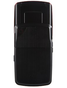 Pantech Reveal phone, rear view, black slider handset closed with textured back panel and camera lens visible
